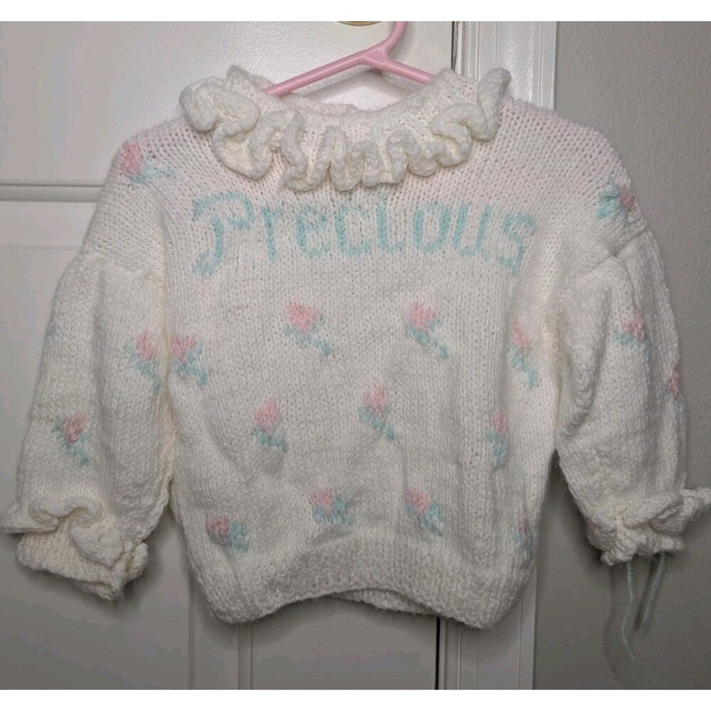 Vintage Hand Knitted "Precious" Baby Sweater By Marilyn Seigler Size 12 Months
